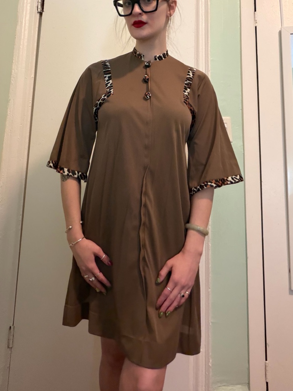 Vintage Vanity Fair Brown Shift Dress with Leopard Trim